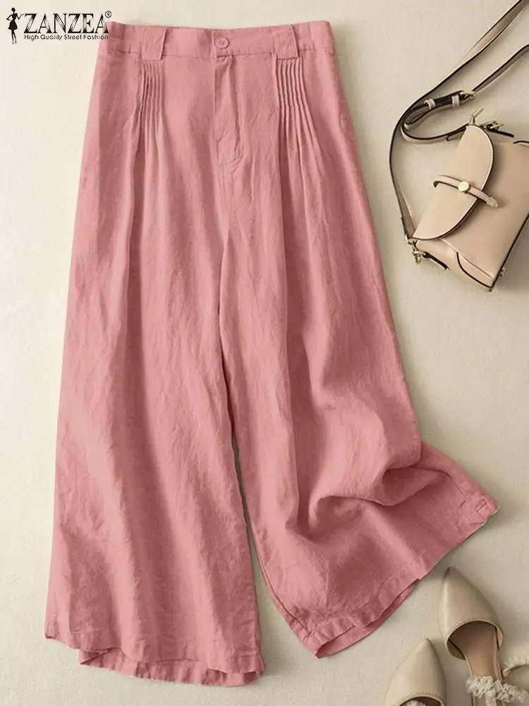 

ZANZEA Women High Waist Pantalon Fashion Wide Leg Pants Casual Solid Long Pants Vintage Loose Trousers Elegant Cotton Palazzo