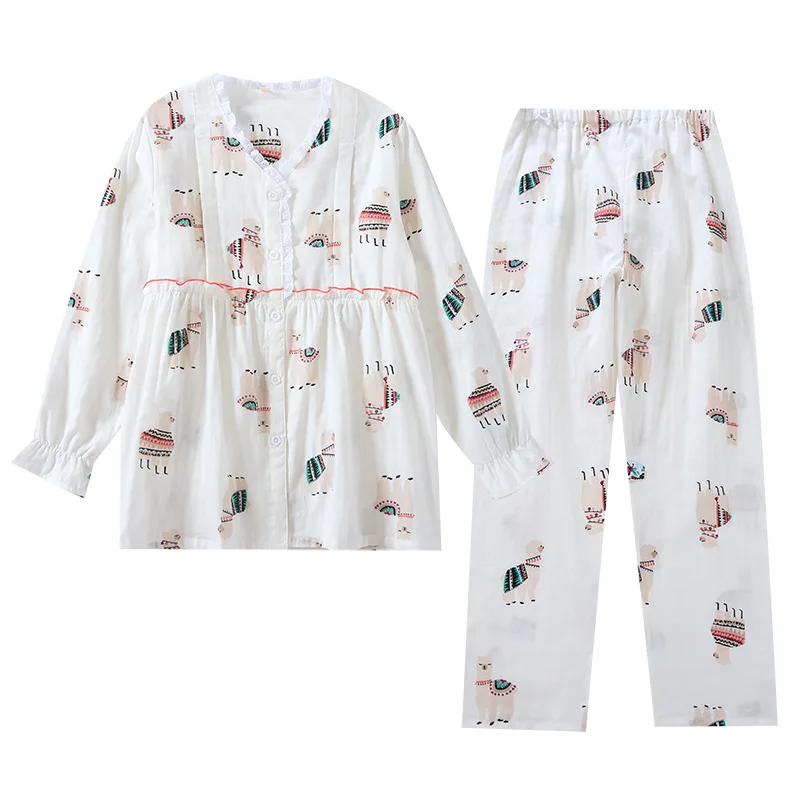 

Summer 100% Cotton Gauze Maternity Nursing Clothes Long Sleeve Trousers Breathable Pajamas V-Neck Thin Pj Sets for Women 2 Piece