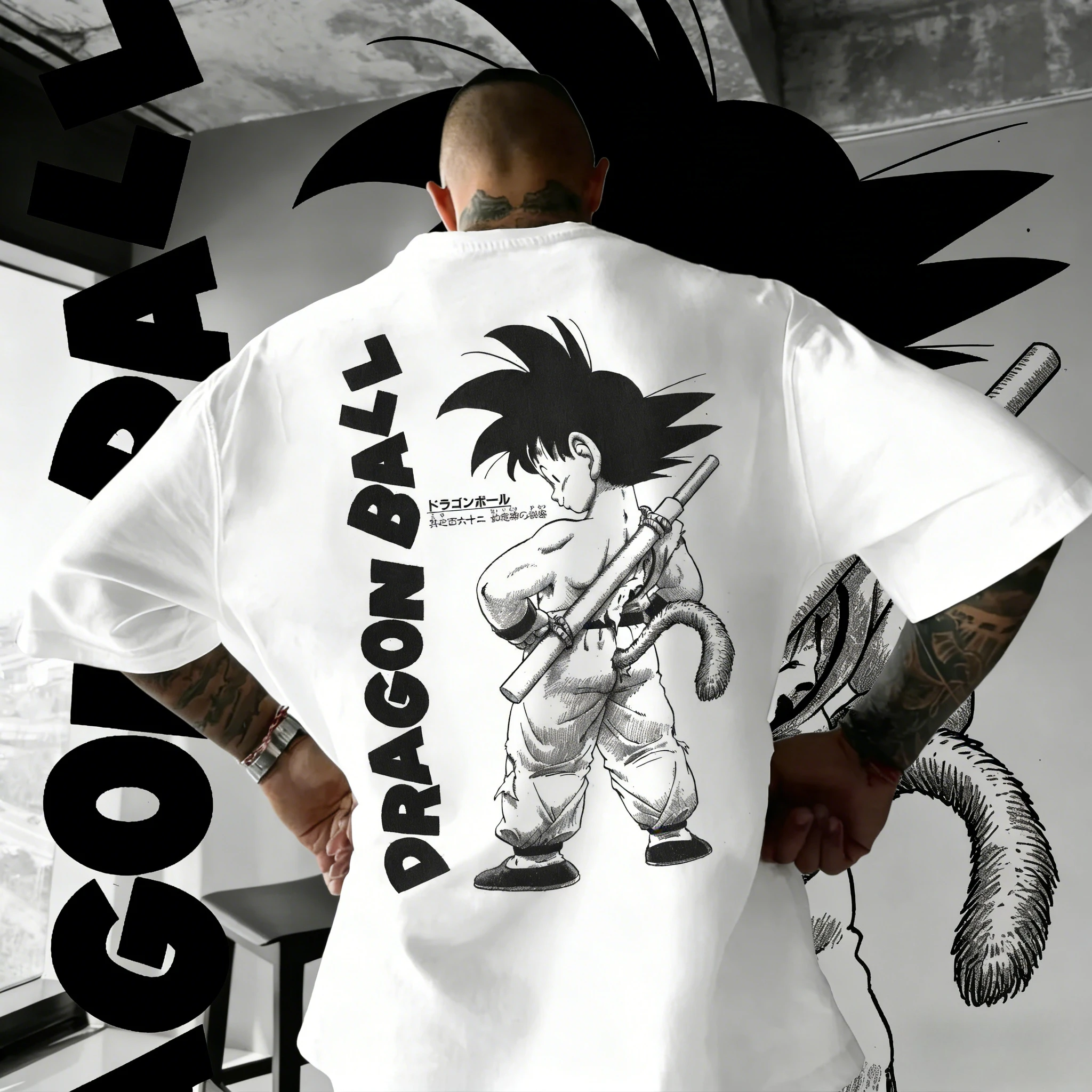 2026 Sommer Dragon Ball Oversized T-Shirt – Hochwertiges 100% Baumwoll-Kinder-T-Shirt mit Goku und Power Pole Line Art Print – Unisex Casual Y2K