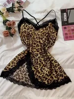Silk Satin Women Nightgown Sleeveless V Neck Leopard Sleepwear Lace Trim Side Split Nightwear Female Homewear Cloth Pajama Dress 4