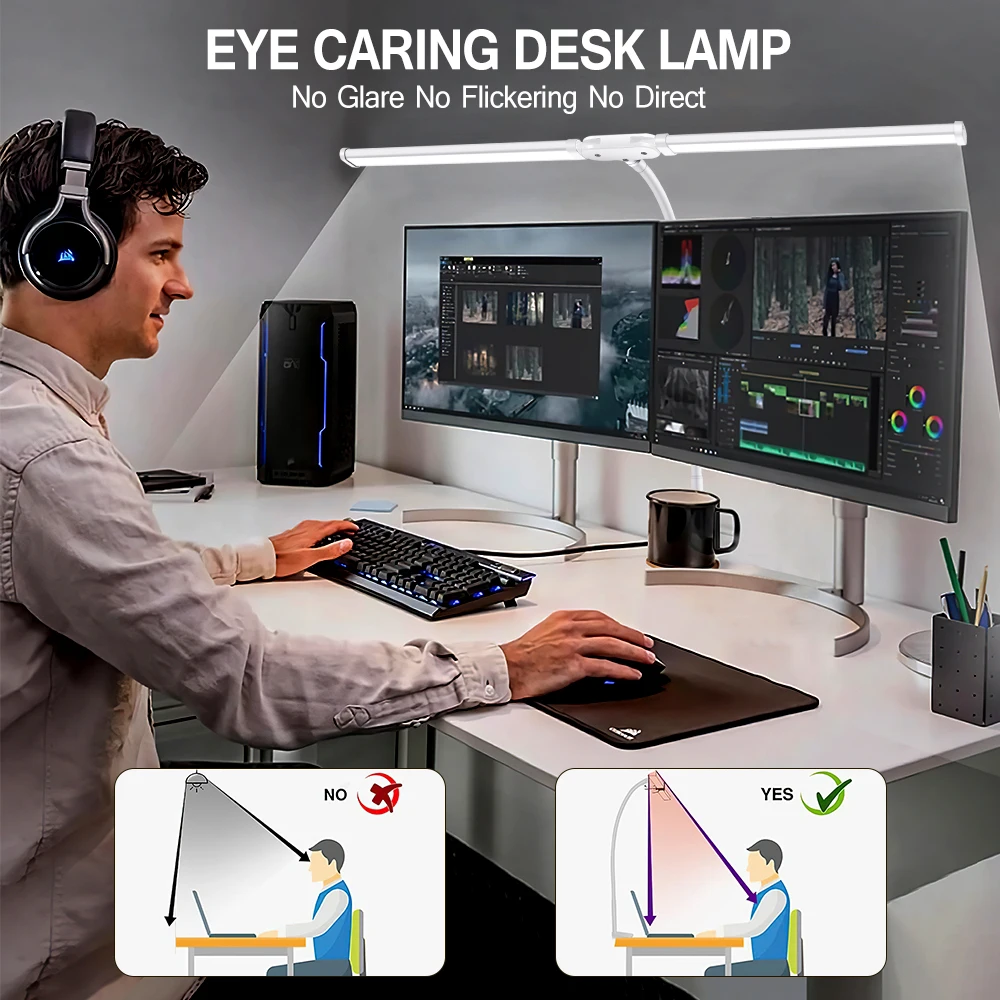 LED Double/Single Head Reading Desk Lamp Foldable Swing Arm Table Lamp with Clip Dimmable Workstation Office PC Eye Protection 3