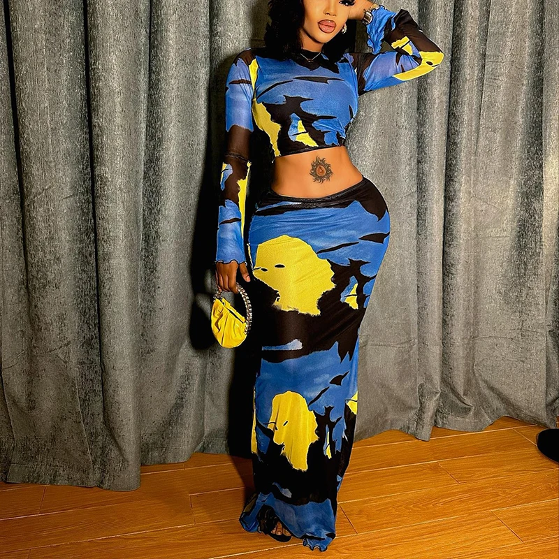 CUTENOVA Mesh Printing Long Sleeve O Neck Women See Through Sexy