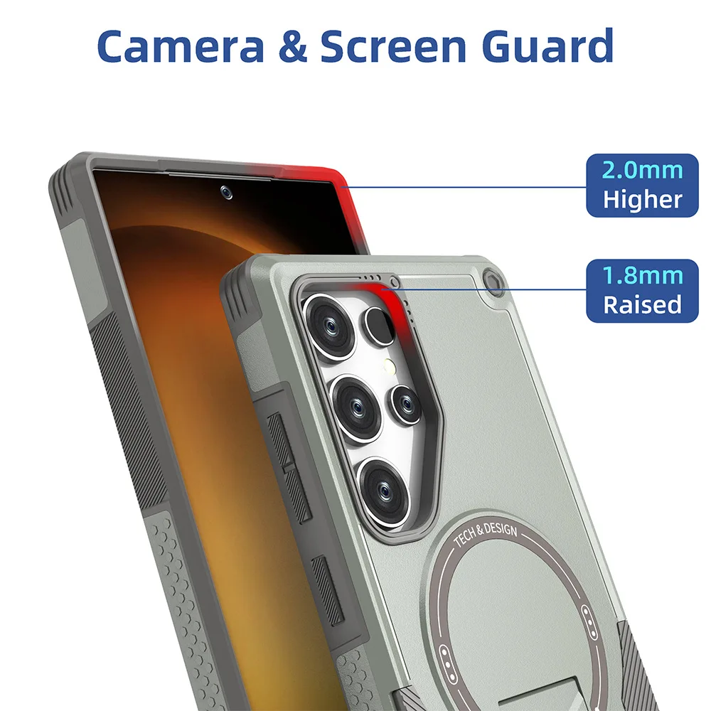 Magnetic Armor Case with Holder and Wireless Charging Bracket Cover