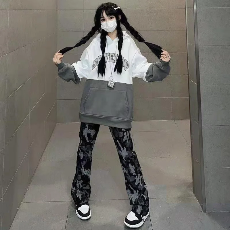 Hip Hop Vintage Women Flare Camouflage Jeans Streetwear Fashion Pants Spring Autumn Chic Casual High Waist Print Loose Trousers