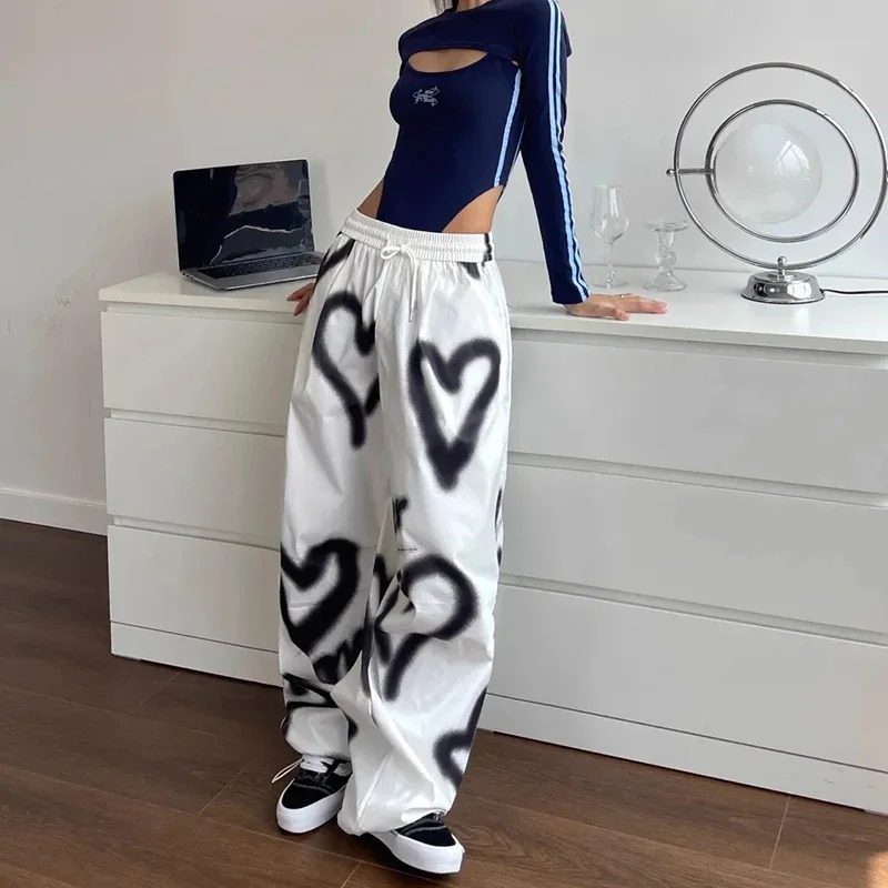 الهيب هوب الأمريكي الحب الكتابة على الجدران المرأة عادية المتضخم السراويل ربيع الخريف موضة مرونة عالية الخصر تنوعا فضفاض بنطلون