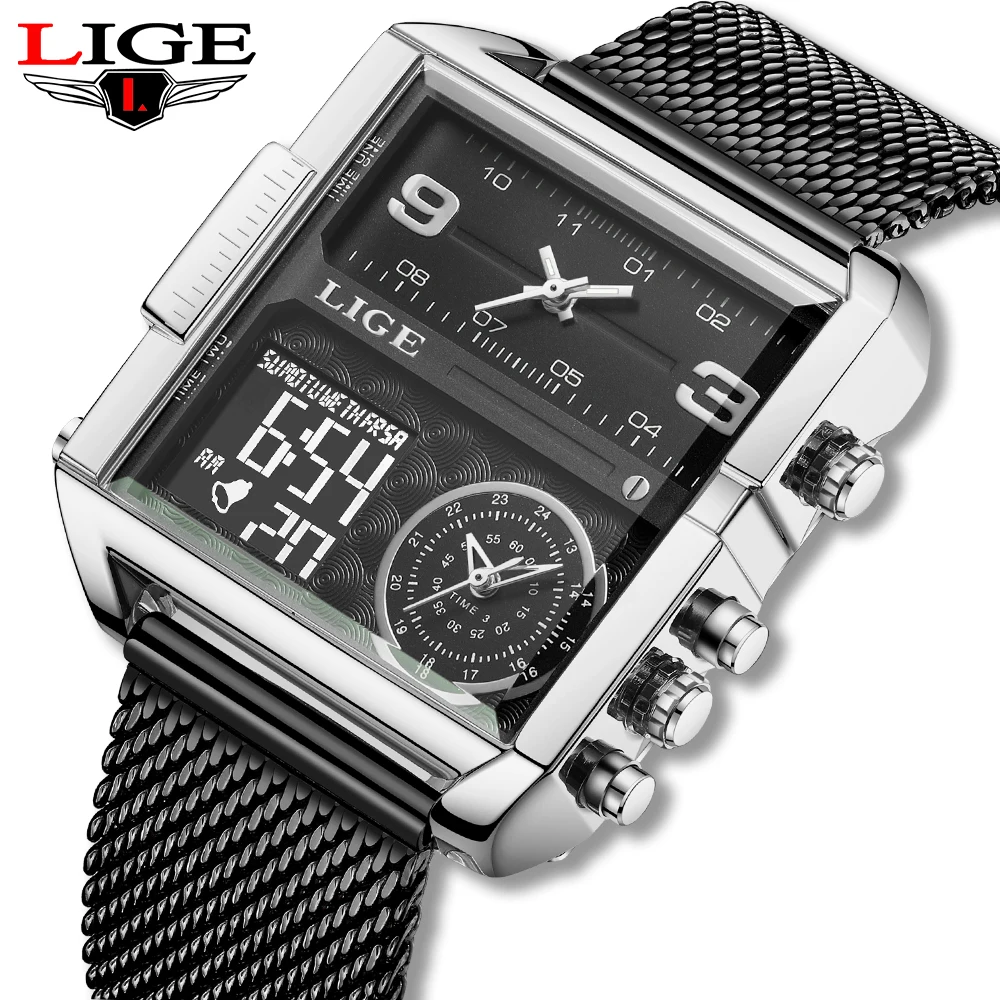 LIGE Orologio Uomo Sportivo Militare Cronografo Al Quarzo, Cinturino In Pelle Nera, Quadrante Argento, Impermeabile 30m