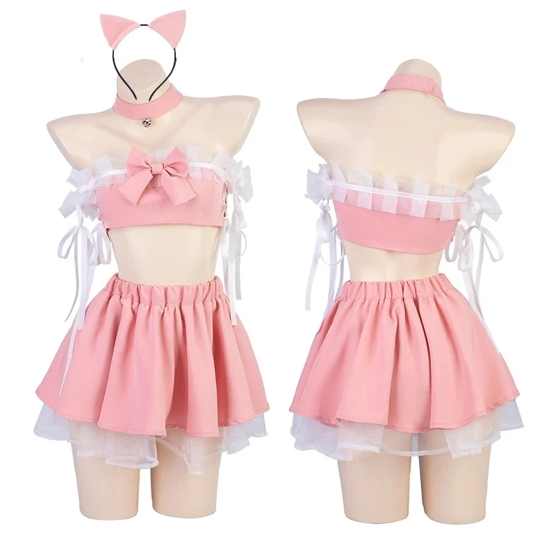 

Anime Lolita Girl Cute Pink Off Shoulder Tops Cat Maid Unifrom Women Bow Dress Outfits Costumes Cosplay