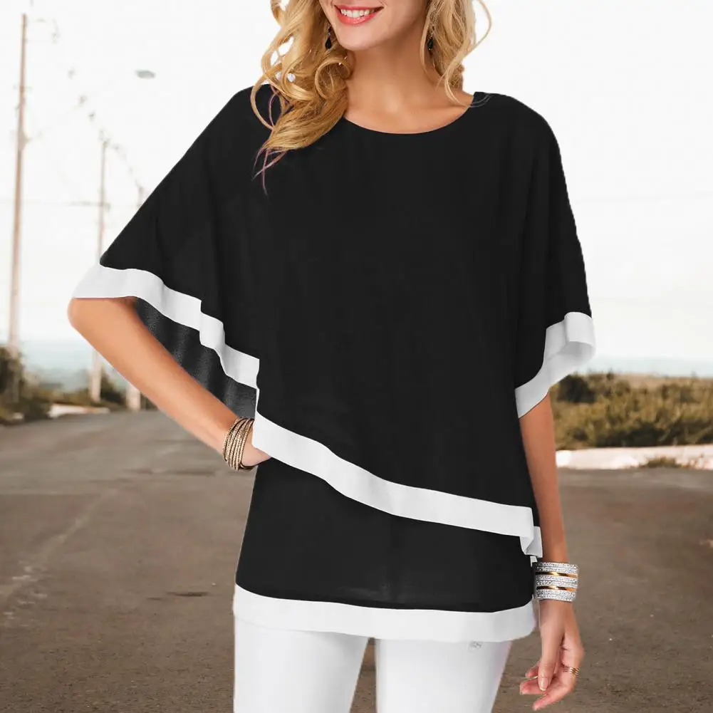 

Блузка женская шифоновая в стиле пэчворк, двухслойная Повседневная Туника с рукавом «летучая мышь», осень 2023