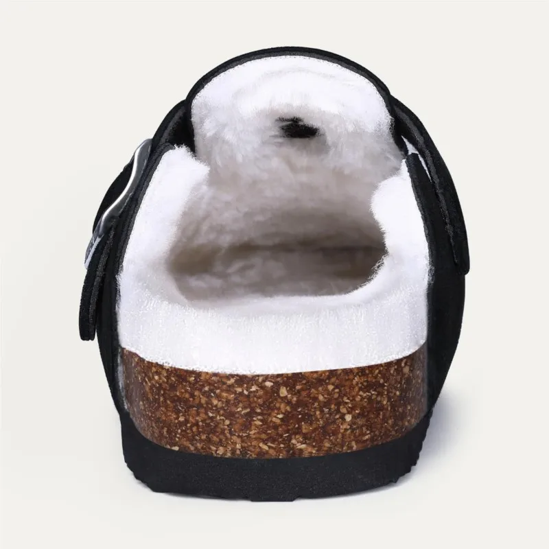 Women Winter Fur Lined Suede Mules Slippers With Adjustable Buckle