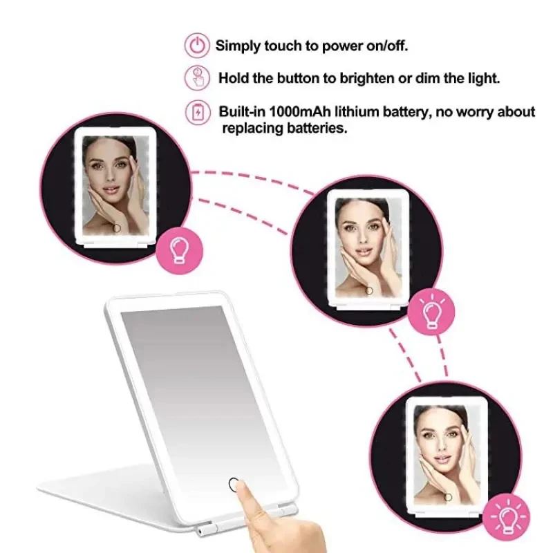 Portable Foldable Travel Makeup Mirror Led Light Infinite Dimming Bedroom Vanity Mirror Usb Rechargeable Make Up Tools