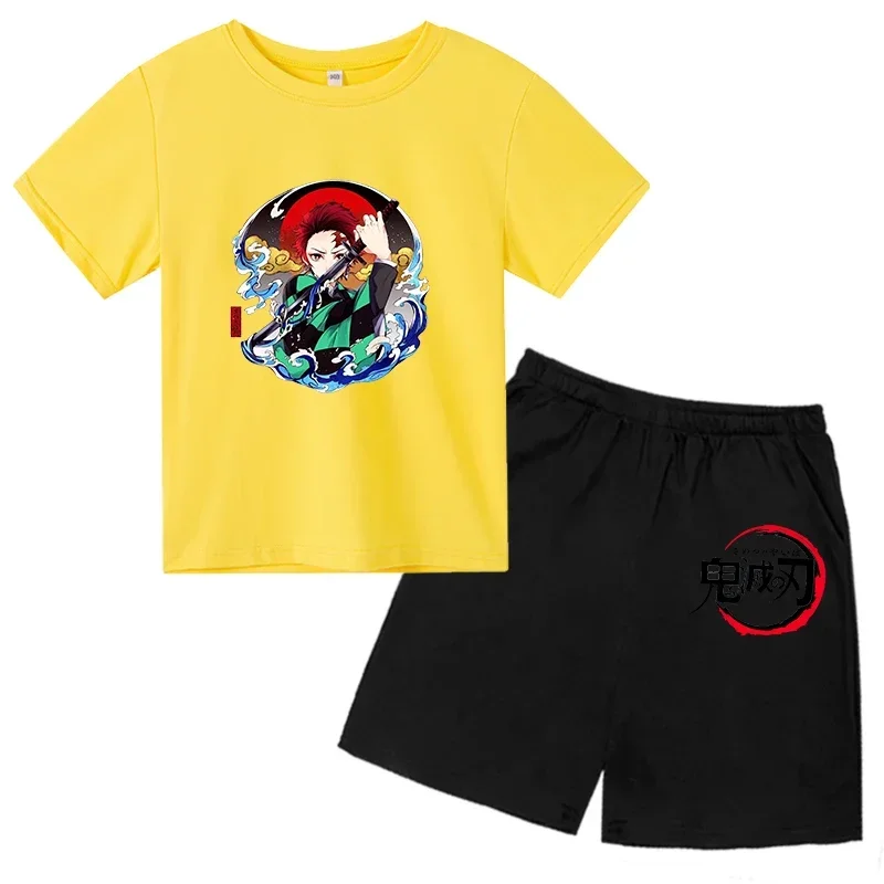2024 Verano Demon Slayer Camiseta estampada para niños 2 piezas Traje para niños y niñas Ropa de manga corta Top informal Conjunto de moda de anime