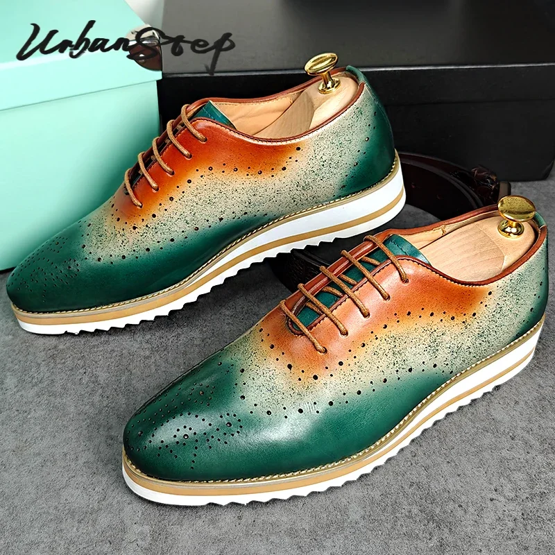 Luxury Brand Men Leather Shoes Green Blue Lace up Casual Dress Man Shoes Comfortable Sports Outdoor Daily shoes for men