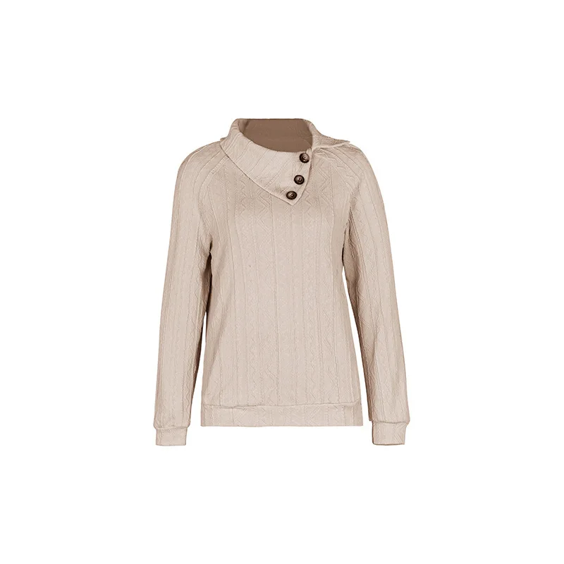 Autumn and Winter Women's Pullover Lapel Button Solid Screw Thread Long Sleeve Tee Shirt Fashion Casual Vacation Elegant Tops