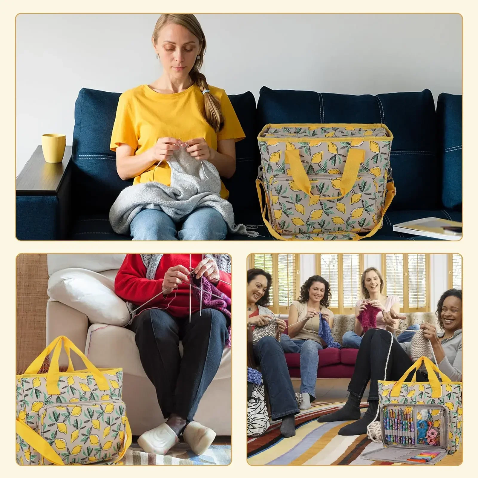 HATINXIA Knitting Bag Large Capacity - Yarn Storage Organizer With Multiple Compartments Alpaca Design