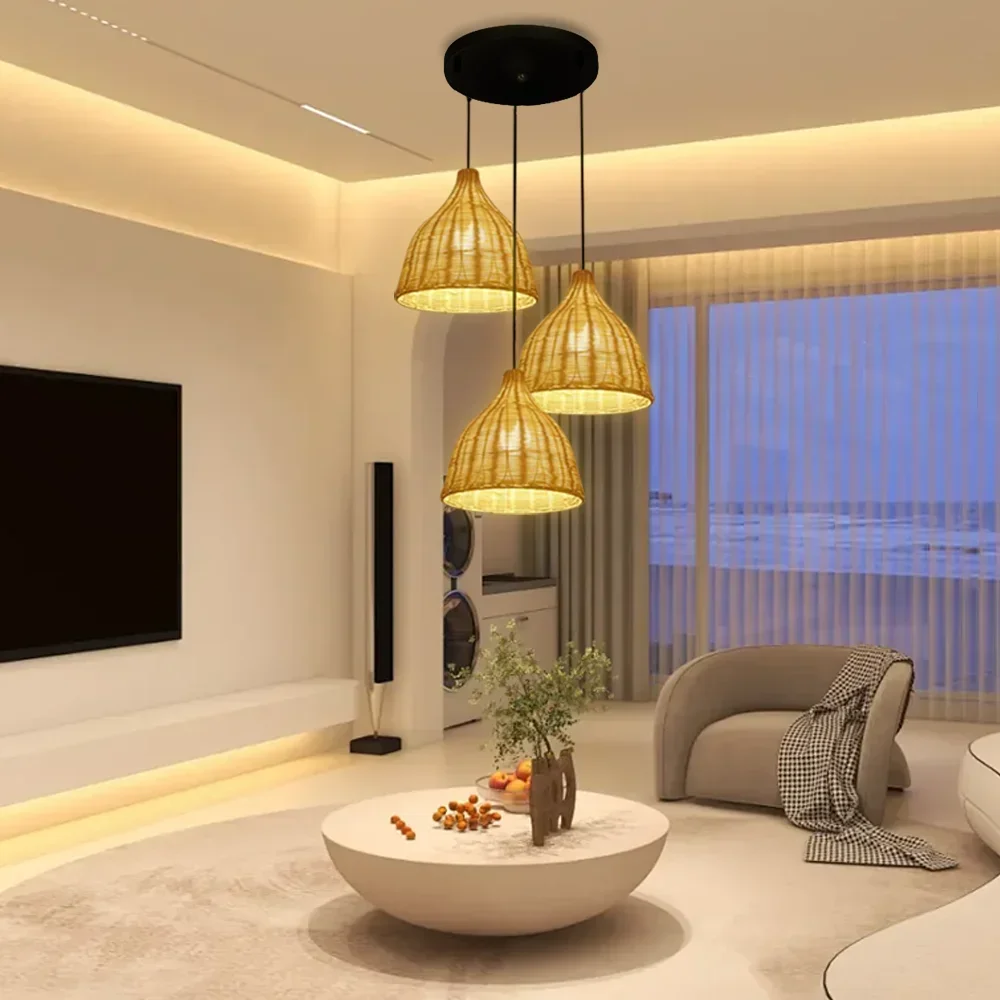 Modern Natural Materials Rattan Lamp Basket Light Fixture Home Decor Chandelier Pendant Lights for Farmhouse