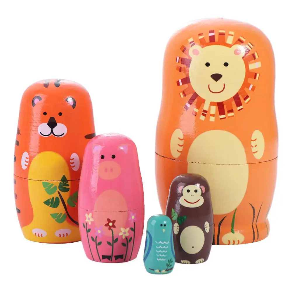 Home Decor Wooden Nesting Dolls Animals Pattern Decorations Matryoshka Doll Toys Colorful Cartoon Stacking Dolls Chidrens Gift