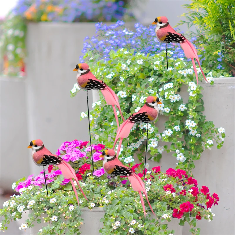 6Pcs Artificial Foam Birds Stakes Outdoor Yard & Garden Decor Colorful 3d Fake Simulated Bird Decoration for Home Flower Pot Bed