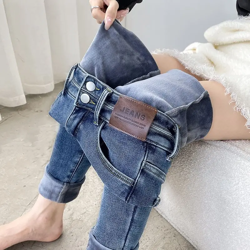 

2023 Women Winter Thicken Jeans High Waist Warm Denim Pencil Pants Y2K Clothes Fleeces Slim Trousers Skinny Jean Pantalones 7999