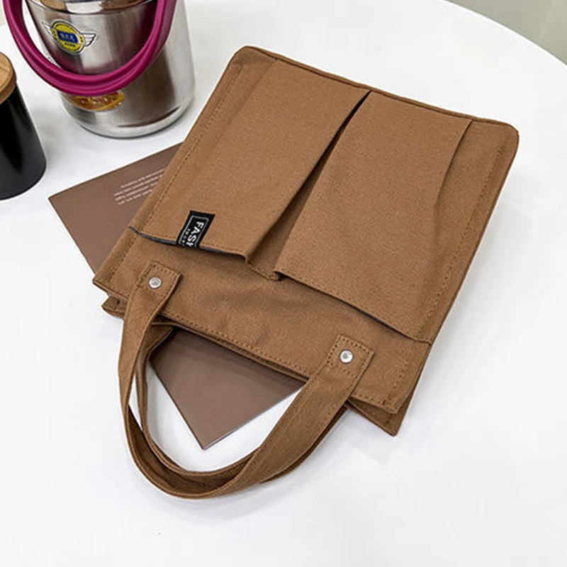 Double Pocket Canvas Lunch Bags Women Shopping Handbag Food Storage Lunch Box Bags Fashion Soild Color Bag For Girls 2023