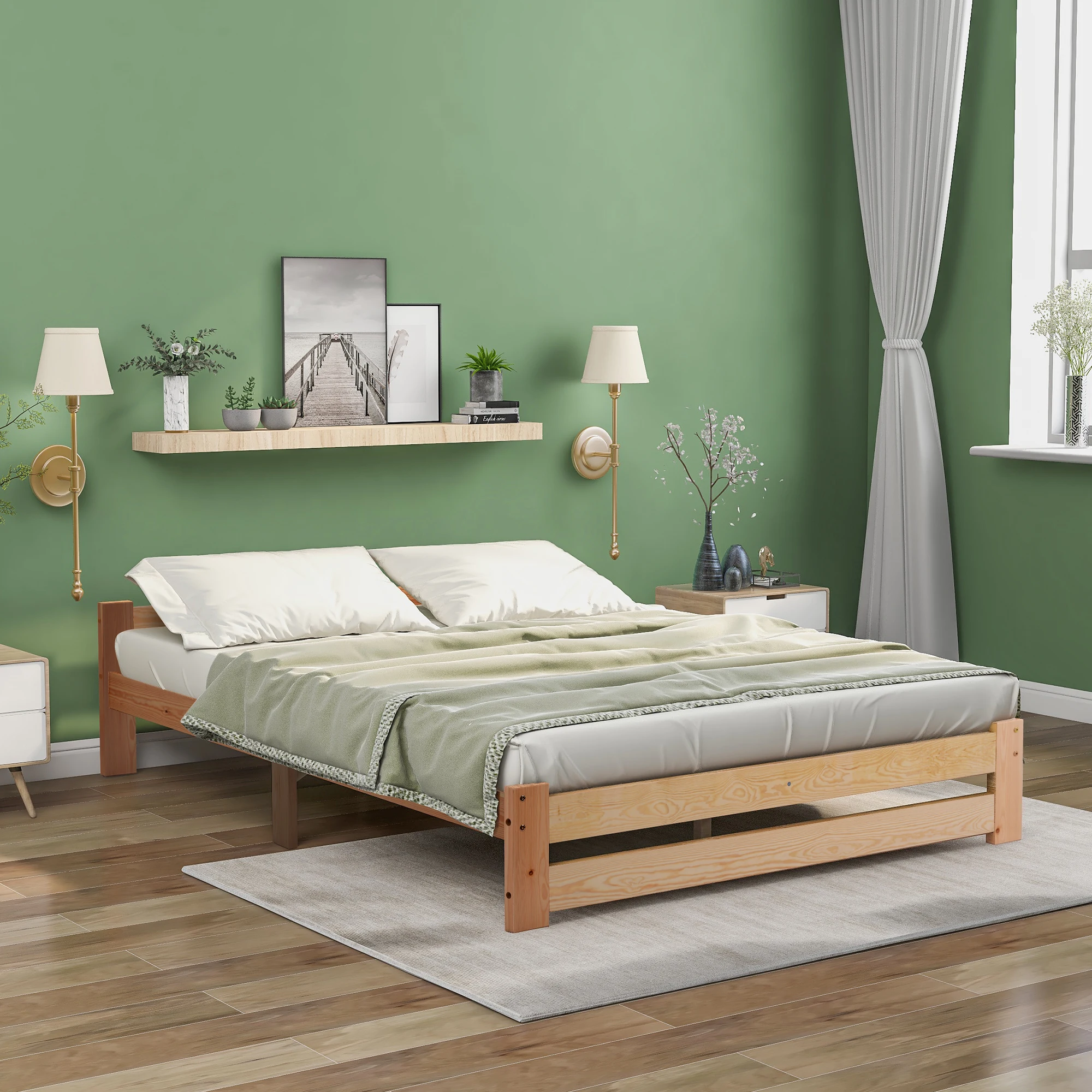 140X200CM Solid Wood Bed Natural Bed with Headboard Slatted Frame for Adults, Children, Teenagers Dormitory Bedroom Furniture