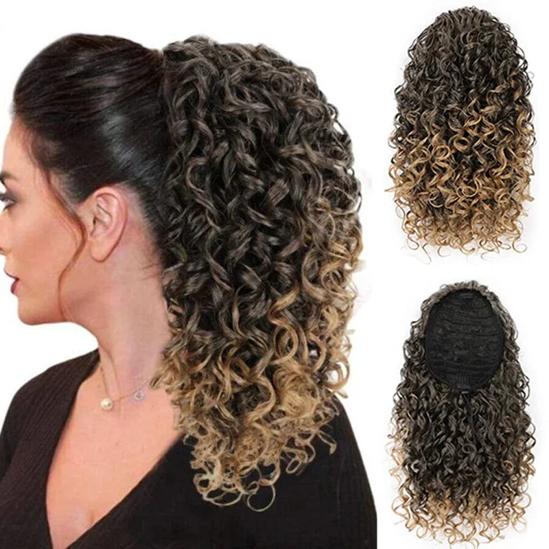 

Short Afro Kinky Curly Ponytail Hair Extensions Synthetic Wavy Drawstring Clip in Fake Ponytail Hairpiece for Women Ombre Blonde