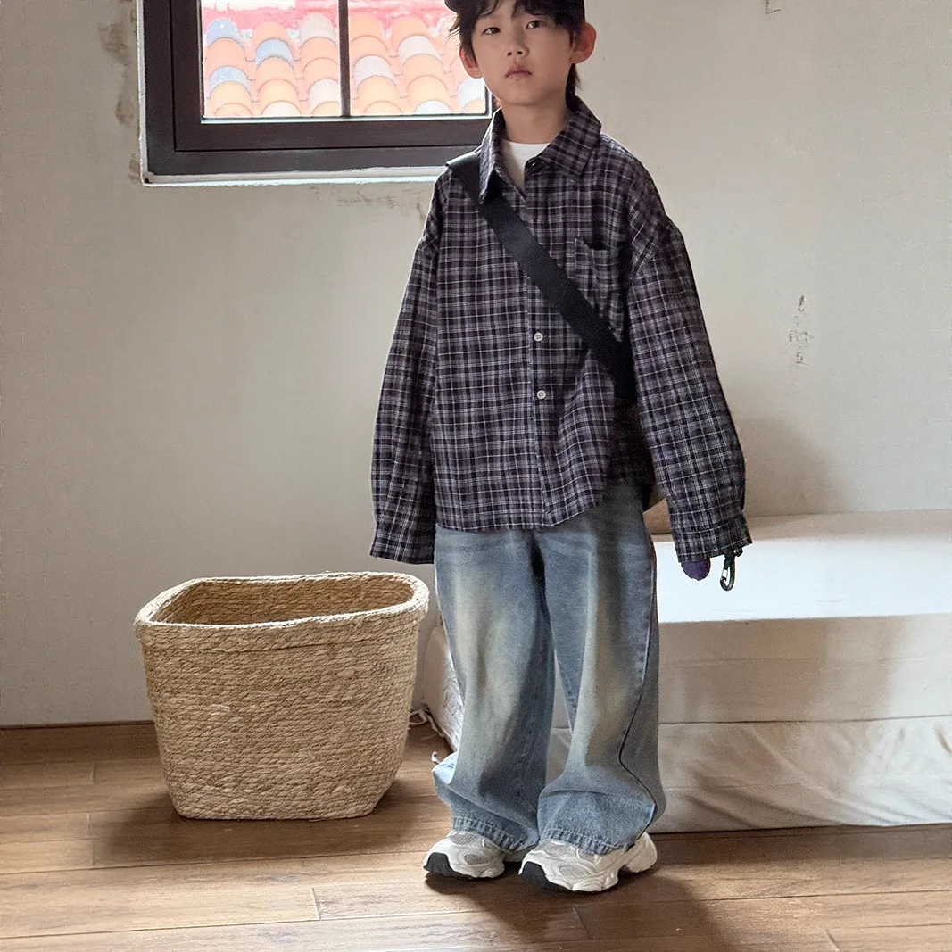 2025 신상 키즈 플래드 셔츠 핏 패셔너블 캐주얼 데일리 긴팔 버튼다운 남아 여아 한국 오버사이즈 탑
