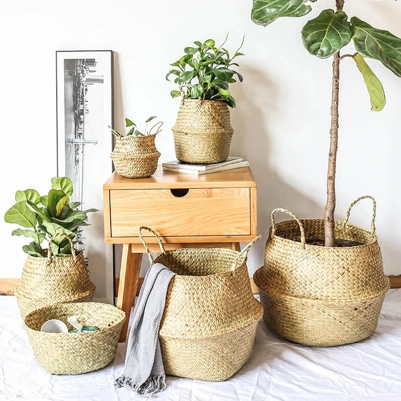 Seaweed Wicker Storage Baskets Straw Wicker Rattan Hanging Flowerpot Seagrass Folding Laundry Basket Plant Basket Home Decor