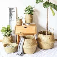 Seaweed Wicker Storage Baskets Straw Wicker Rattan Hanging Flowerpot Seagrass Folding Laundry Basket Plant Basket Home Decor 6