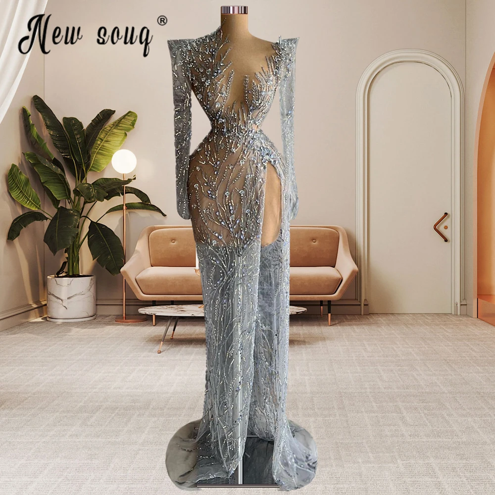 

See Through Full Beaded Evening Dress Mermaid Crystals Saudi Arabia Party Dresses High Split Side Prom Dress Robe De Soiree