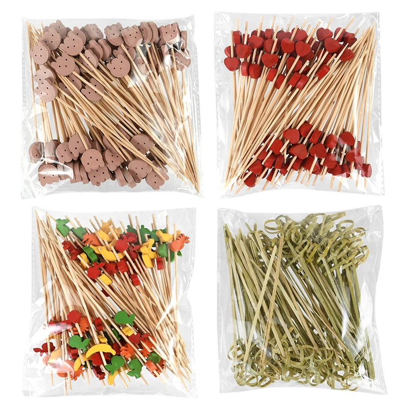 

100pcs Fruit Sticks Cute Bear Toothpicks Bamboo Tie Picks Fruit Salad Snack Cupcake Fork Cocktail Decoration Cake Buffet Sticks