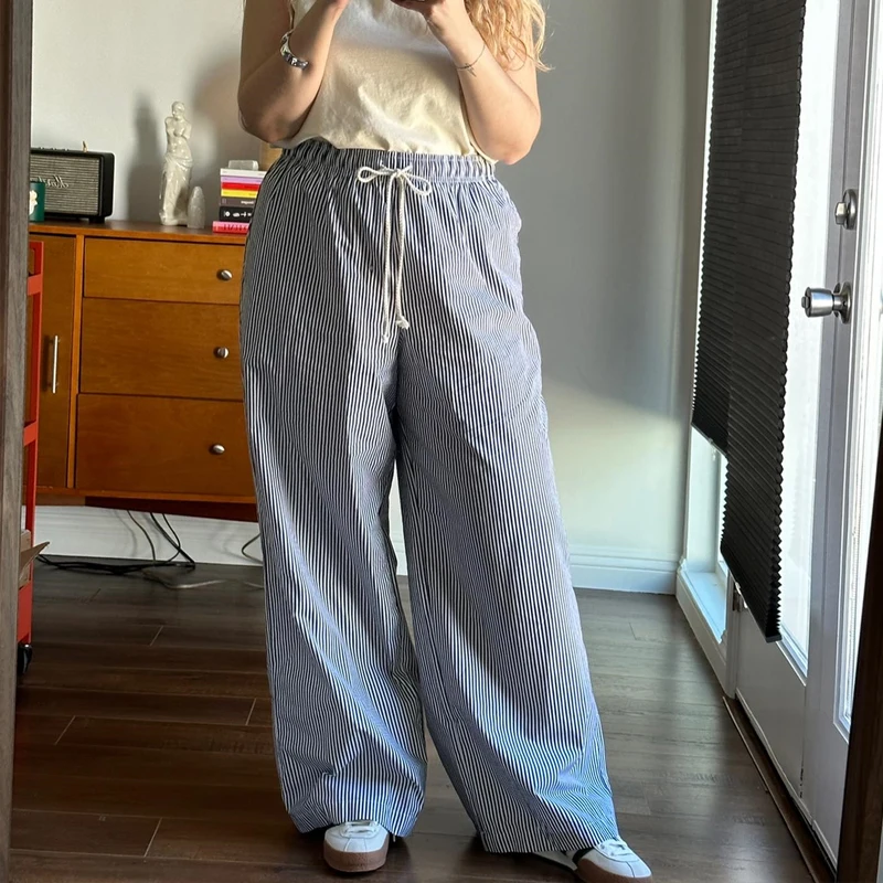 

Casual Striped Drawstring Wide Leg Pants Vintage Sweatpants Lounge Outfits Female Trousers Chic Women Fashion Streetwear