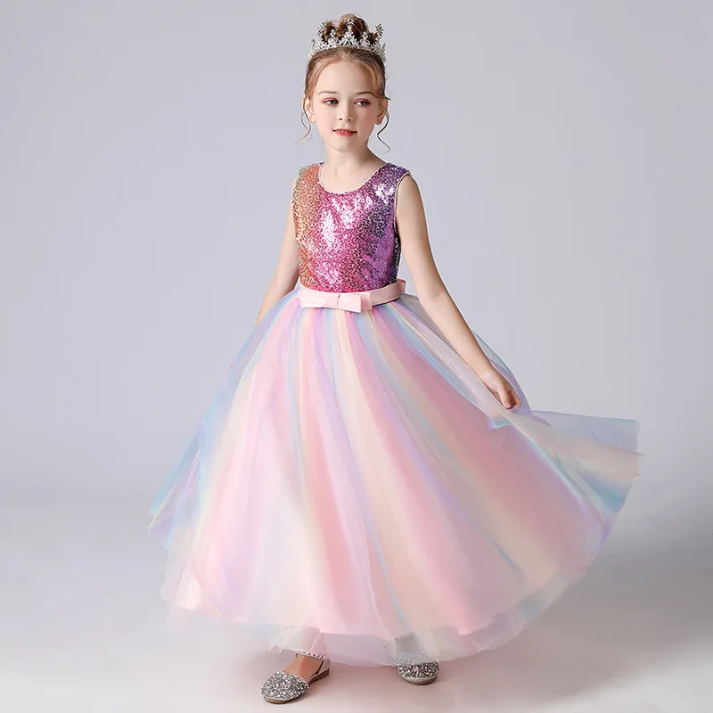 

Multi-color Rainbow Unicorn Gradient Sequine Birthday Dress for Girls Carnival Pageant Evening Party Princess Tutu 3-14Y