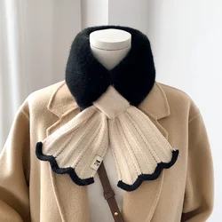 Korean Solid Color Faux Rabbit Fur Collar Cross Thicken Plush Scarf Female Winter Outdoor Wool Knit Neck Protect Warm Shawl T15