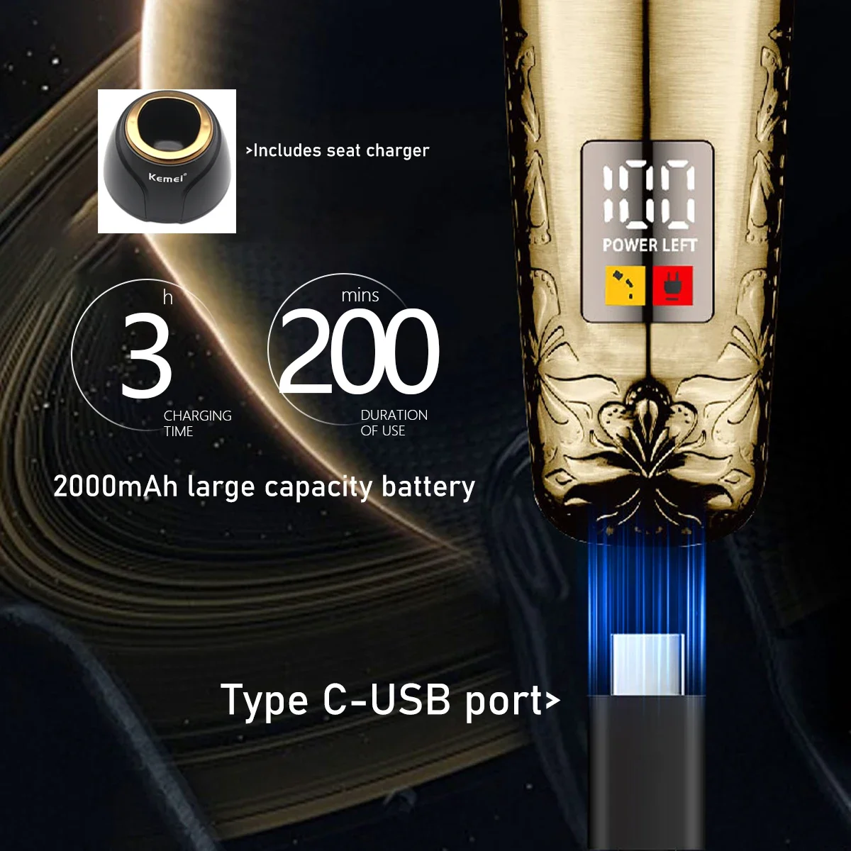 Kemei KM-2236 Brushless Motor Professional Hair Clipper for Men DLC Blade Full Metal LCD Hair Trimmer Machine Finishing Machine 5