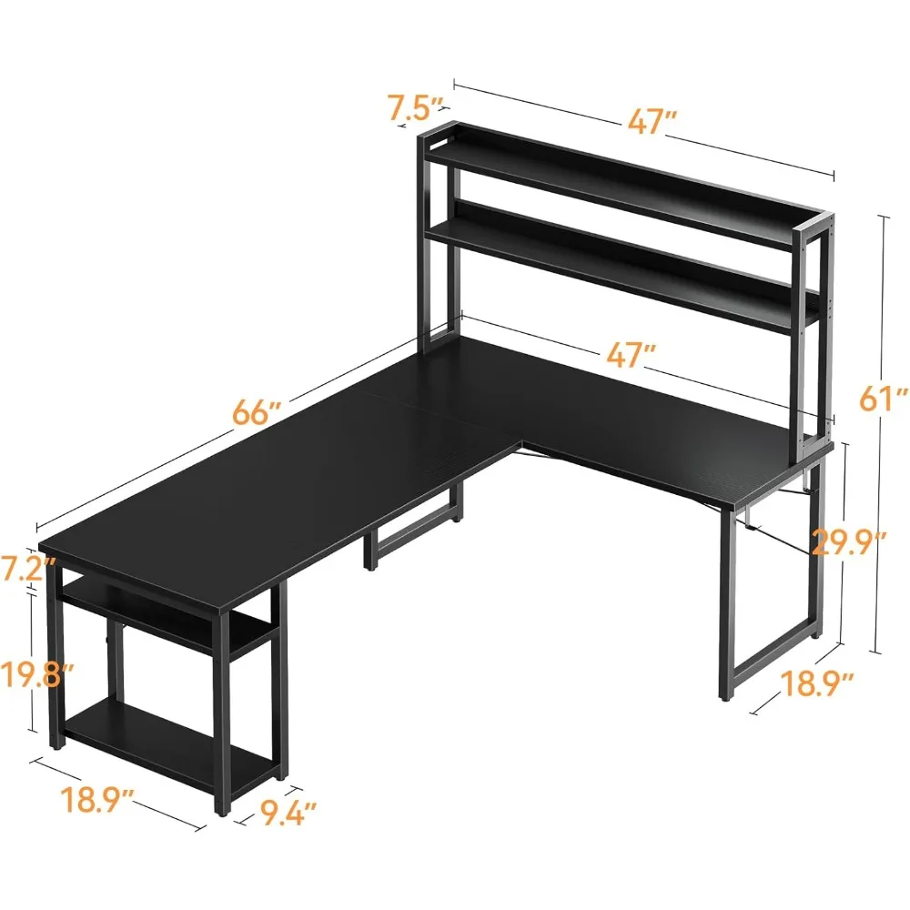 L Shaped Gaming Desk with Hutch, Computer Desk with Storage Shelves, 66" L Shaped Desk for Home Office, Corner Desk with Headph 3