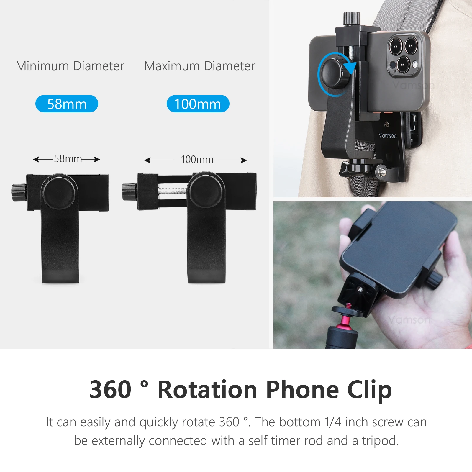Vamson 360° Rotating Backpack Clip Phone Holder