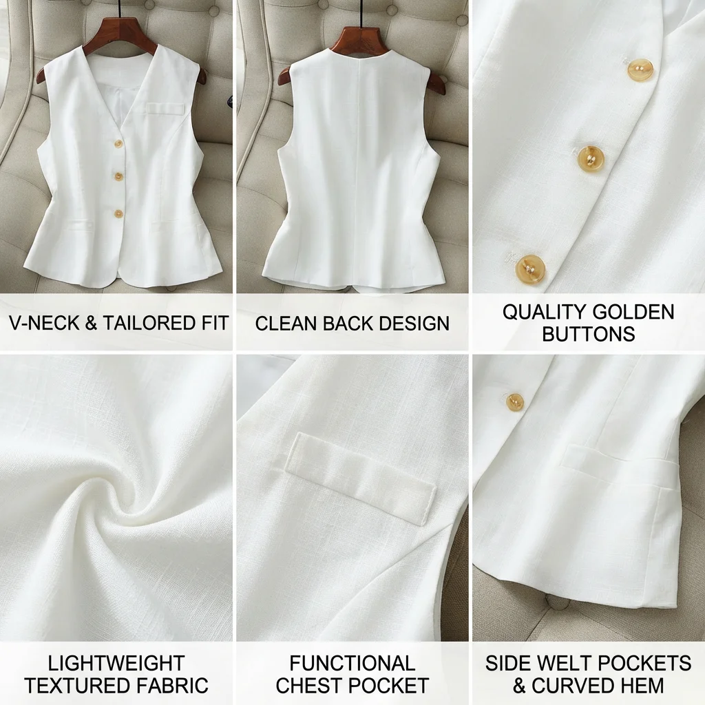 Damenweste aus Leinenmischung, ärmellose Button-Down-Weste mit V-Ausschnitt, leichte, maßgeschneiderte Anzugweste für Business-Casual-Büro – Detail 4