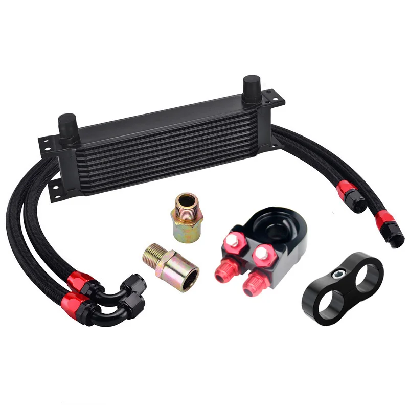 AN10 Universal 10 Rows Oil Cooler Kit Oil Filter Sandwich Adapter Staingless Steel Braided AN10 Hose Line Separator oil cooler kit