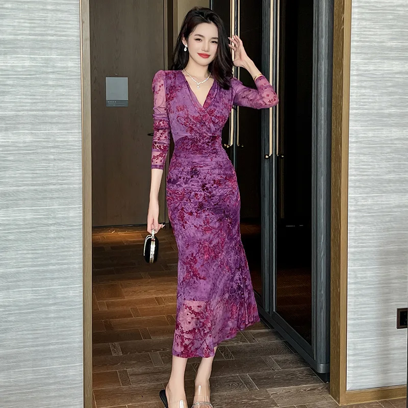 

French Mesh Womens Dresses V-neck Print Trumpet Slim Women's Elegant Dresses Autumn and Winter New Ankle-length Long Dress Woman