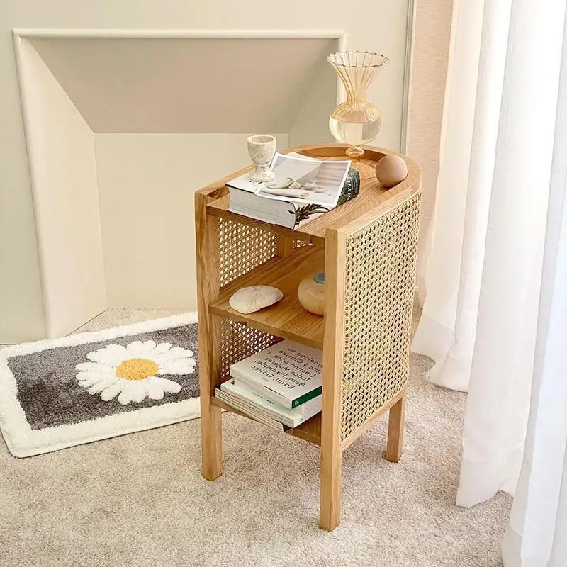 wood rattan woven bedside cabinet, retro Korean side cabinet, CANE coffee table, small side table, bedroom, homestay, ins style