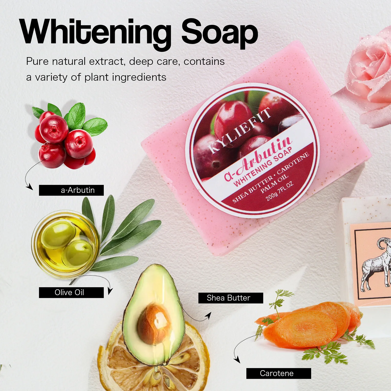 Whitening Soap Bar For Face And Body, With Shea Butter, Carotene, Palm Oil, Arbutin, Reduce Dark Spots, Hyperpigmentation, 200g