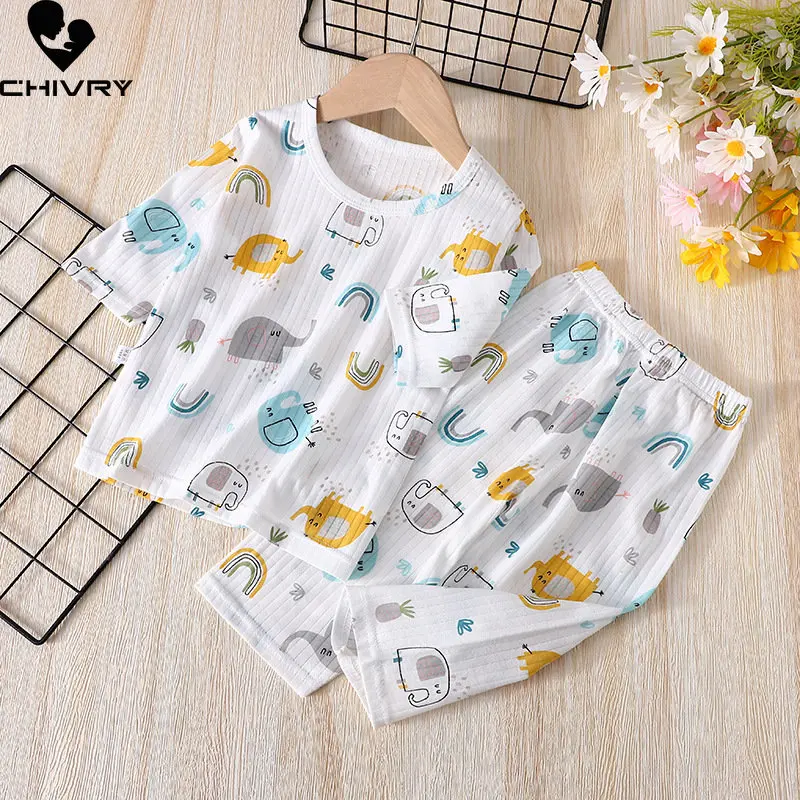 

Kids Summer Thin Soft Pajamas New 2023 Boys Girls Cartoon Three-quarter sleeve T Shirt Tops with Pants Baby Sleepwear Loungewear