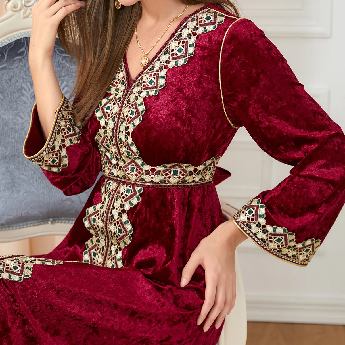 Robe Ramadan Abayas for Women Muslim Women's V-neck Knitted Abaya Maxi Dress with Regular Sleeves Dubai Abaya Jalabiya for Women