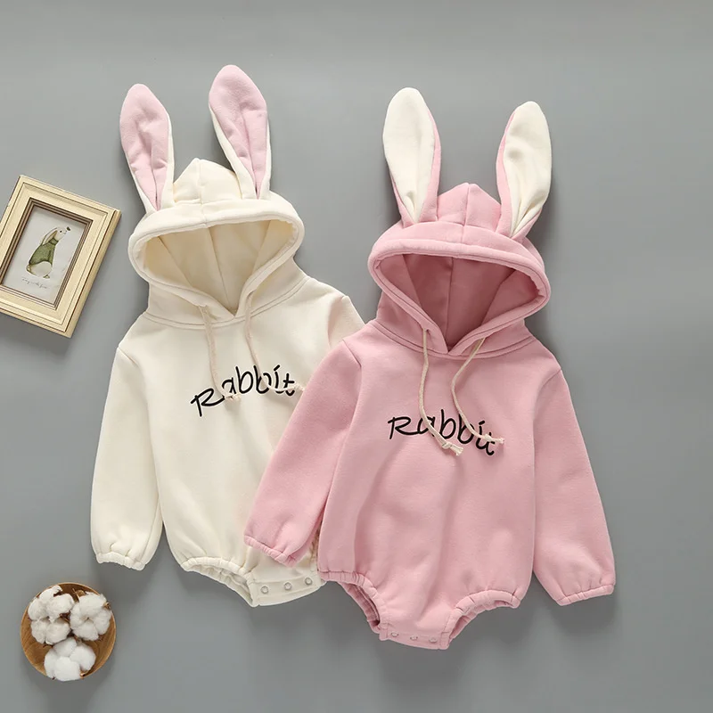 

New Autumn Winter Newborn Baby Romper Baby Girls Boys Rabbit's Ears Hooded Wool Velvet and thickening Upset Jumpsuit