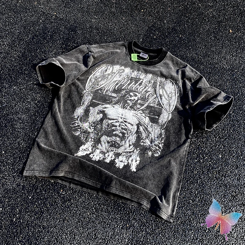 

24ss тяжелые винтажные футболки в стиле Св. Майкла хлопковые Изношенные с коротким рукавом модные уличные мужские женские черные футболки большого размера