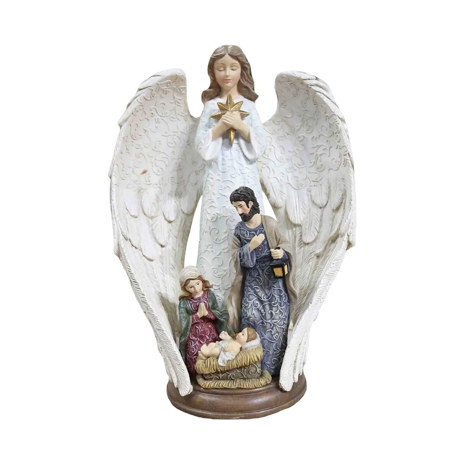 Holy Family Statue Nativity Scene Figurines European Resin Color Relief Pattern Effect Angel Wings Character Christmas Decor