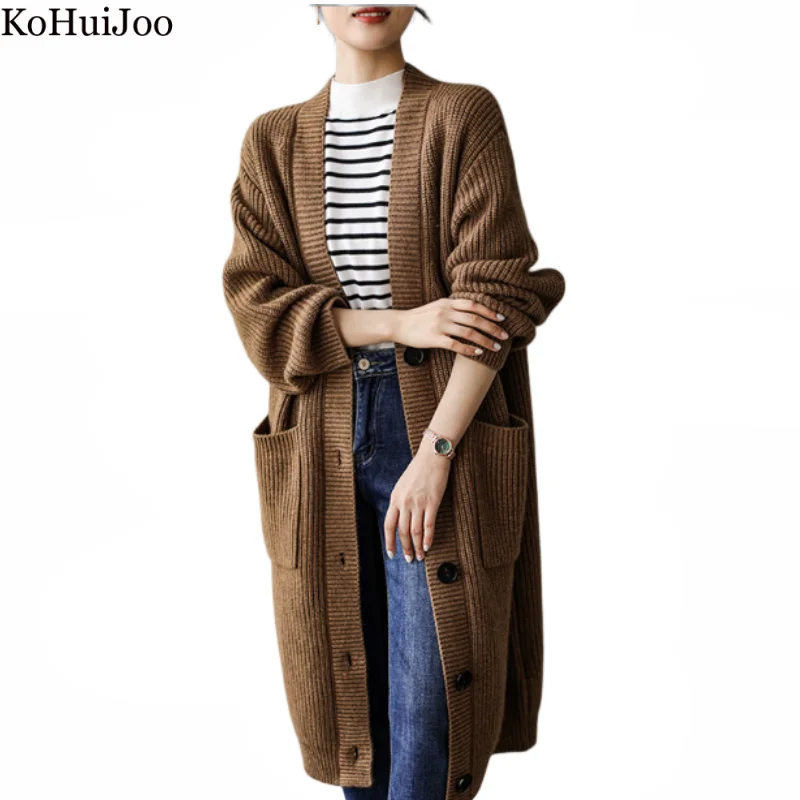 

Kohuijoo Thickening Long Knitted Cardigan Women Sweaters 2023 Autumn Winter Vintage Loose Lazy Style Pocket Design Ladies Coat