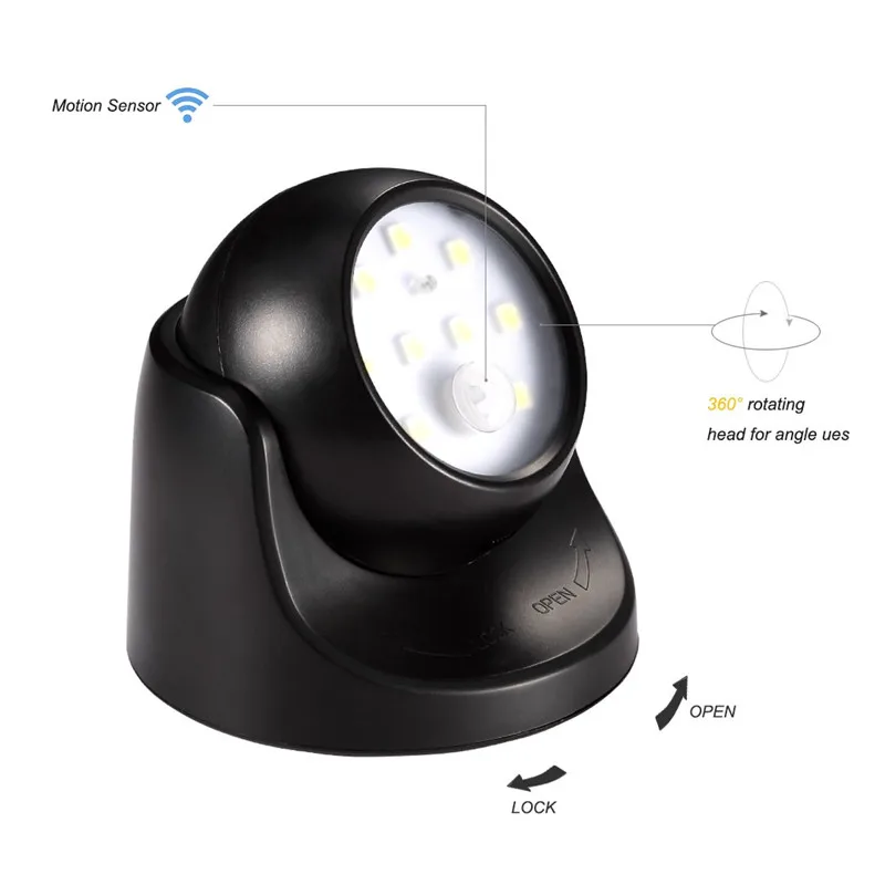 9 LED Wireless Motion Sensor Night Light 360 Degree Rotation Night Light Night Lamp Wall Light Lamp Battery Power Auto On Off 2
