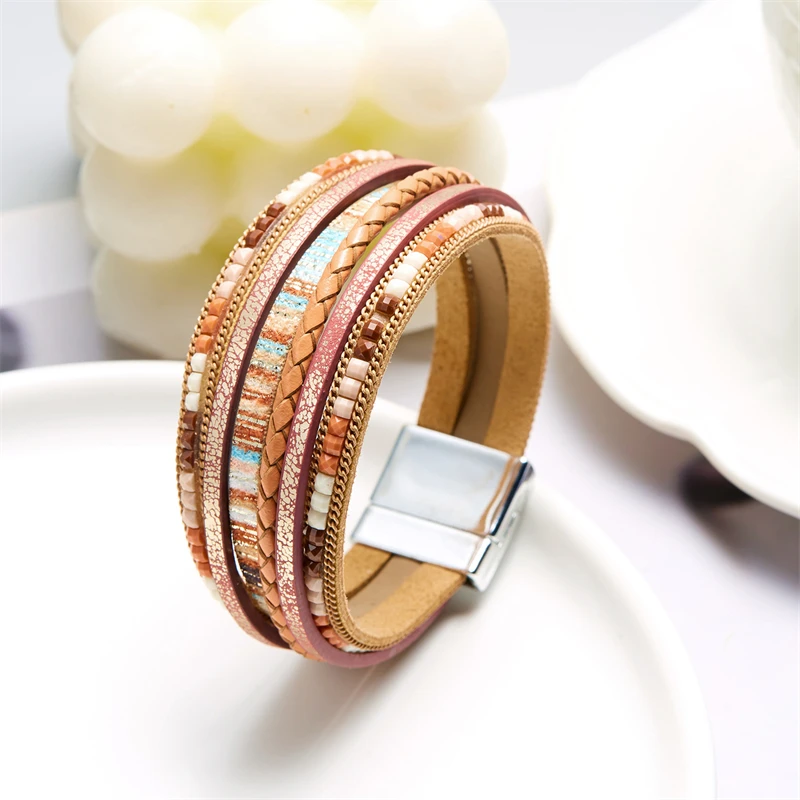 Bracciale Gironale In Pelle Multistrato Donna Con Cuore – Stile Bohémien, Chiusura A Scatto, Colore Argento