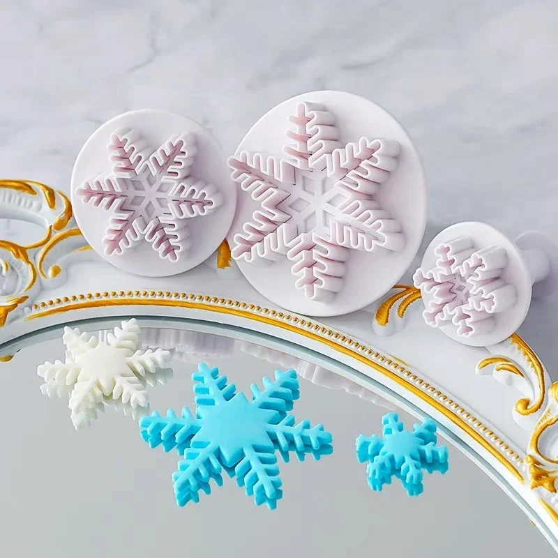 3pcs Snowflake Plunger Mold Cake Decorating Tool Biscuit Cookie Cupcake Mould Kitchen Accessories Fondant Cutting Pastry Cutter cookie cutter,baking mold,cookie mould,fondant cutter,pastry cutter